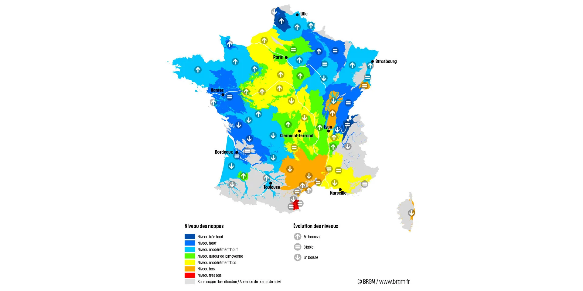 Map of France showing the state of the aquifers on 1 February 2024.